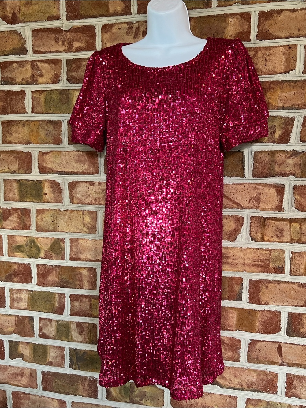 Cable & Gauge Fuchsia Sequin Scoop-Neck Short Sleeve Shift Dress. Small